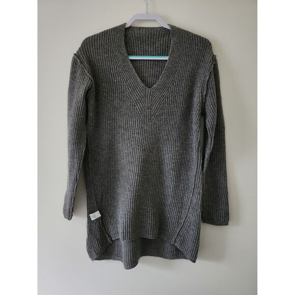 Madewell Womens Wool Long V-Neck Sweater M Gray Droptail Rib-Stitch Knit *FLAWS* - Picture 4 of 10